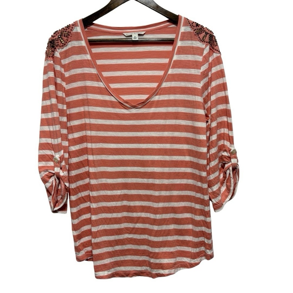 Banana Republic TShirt Womens XL Coral Stripe Beaded Roll Tab Sleeves Cotton Top